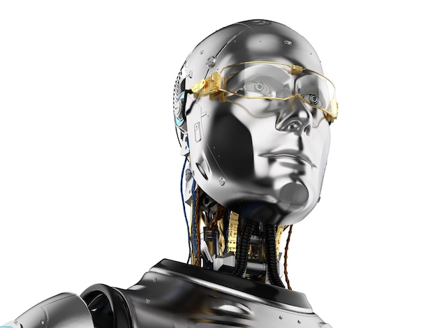 3d rendering metallic artificial intelligence robot or cyborg portrait isolated on white