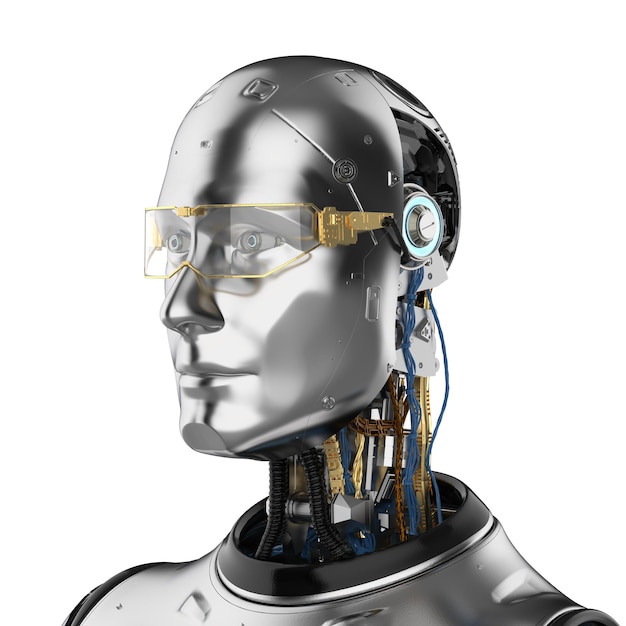 3d rendering metallic artificial intelligence robot or cyborg portrait isolated on white