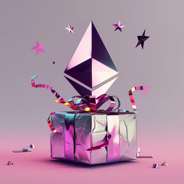 3D rendering of metallic feel Ethereum with gift on a background Design element for a Happy Birthda