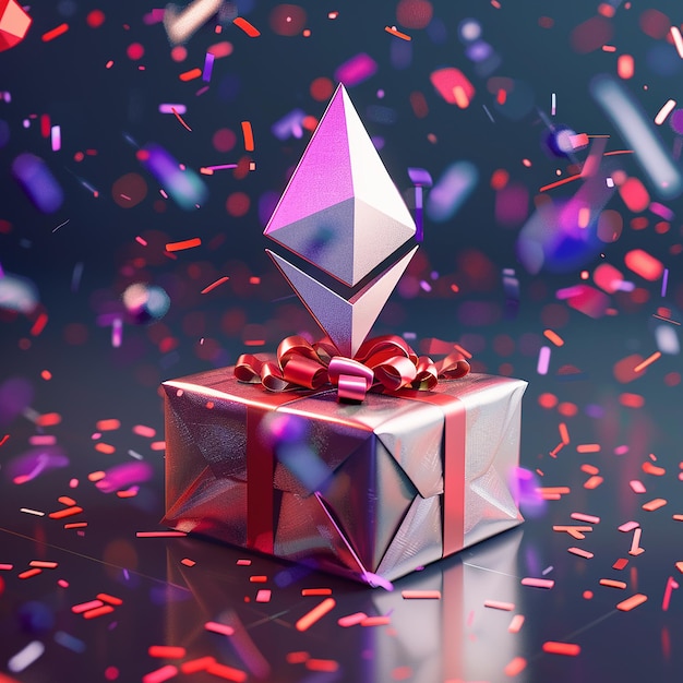 3D rendering of metallic feel Ethereum with gift on a background Design element for a Happy Birthda