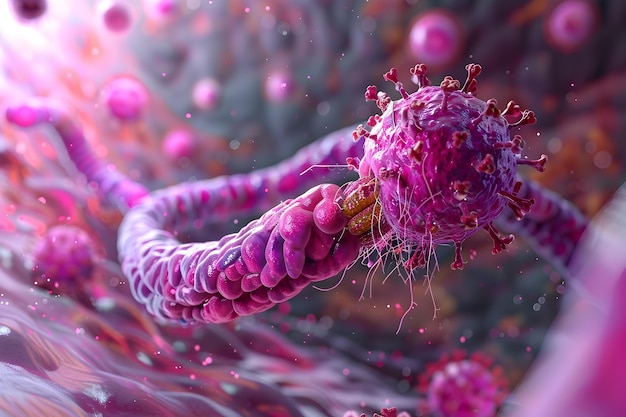 3D Rendering of a Microscopic World A Pink Virus Attacking Human Stomach Cells with Purple Tentacles