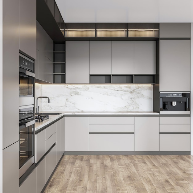 3d rendering mini kitchen with wooden cabinet and wooden floor