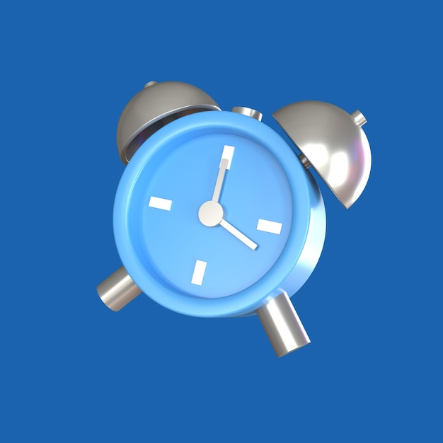 3D rendering miniature twin bell blue alarm clock. Wake up time. Time set, timing, self organization