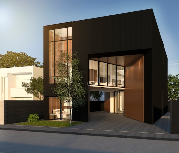 3d rendering minimal black cubic house in summer