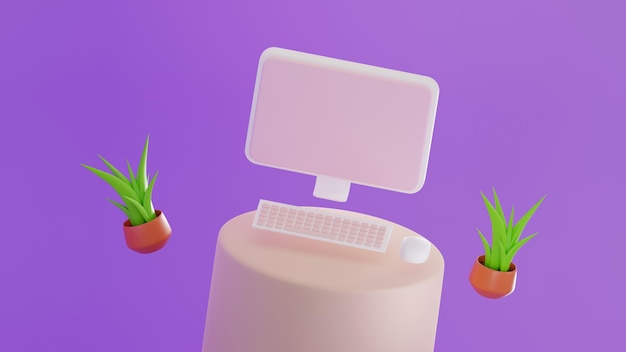 3d rendering of minimal computer on display for mockup and Plant on Purple pastel background