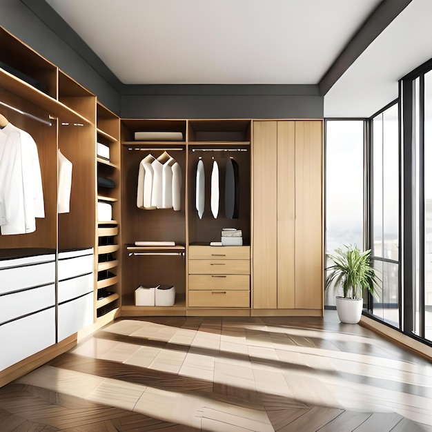 3d rendering minimal scandinavian walkin closet with wood wardrobe