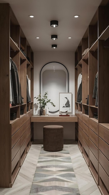 3d rendering minimal scandinavian wood walk in closet with wardrobe