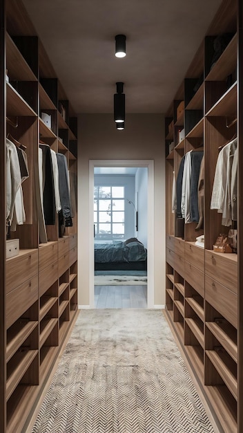 3d rendering minimal scandinavian wood walk in closet with wardrobe