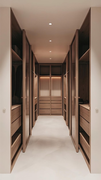 3d rendering minimal scandinavian wood walk in closet with wardrobe