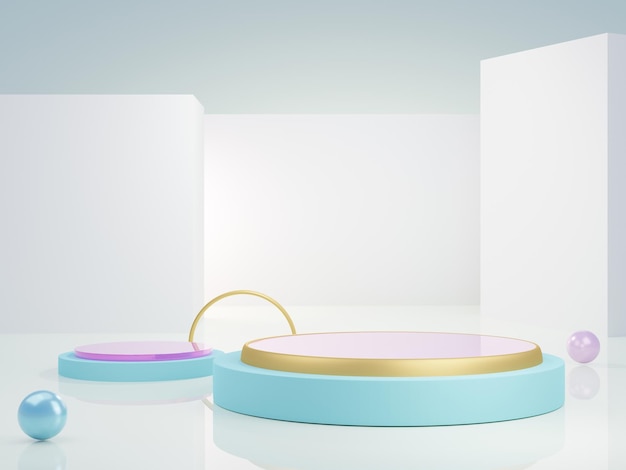 3D Rendering Minimal Shiny pastel blue and pink round pedestal Podium product stands on abstract pastel green background