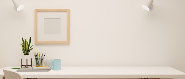 3D rendering minimal working space with stationery and decorations on white table and mockup frame on the wall