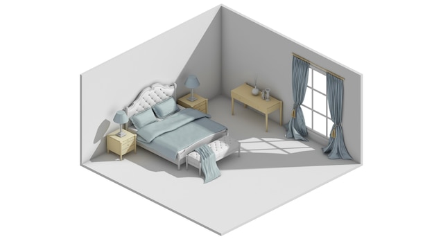 3D rendering of a minimalist bedroom concept with a bedroom lamp and desk