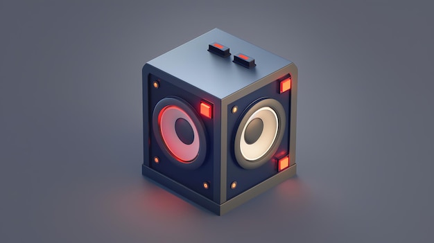 A 3D rendering of a minimalist black speaker with red accents