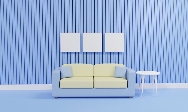 Photo 3d rendering minimalist living room with sofa against blue wall