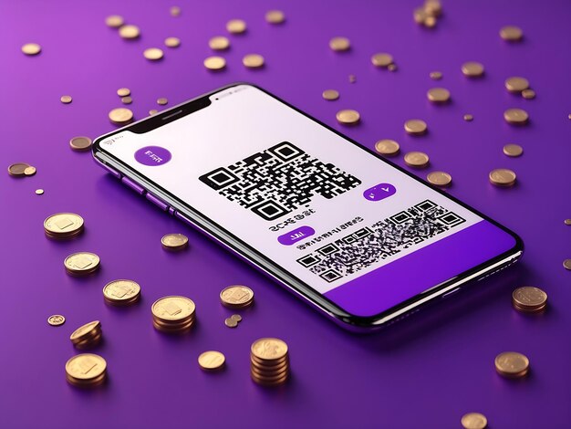 Photo 3d rendering of a mobile phone scanning a qr code with coins floating on a purple background