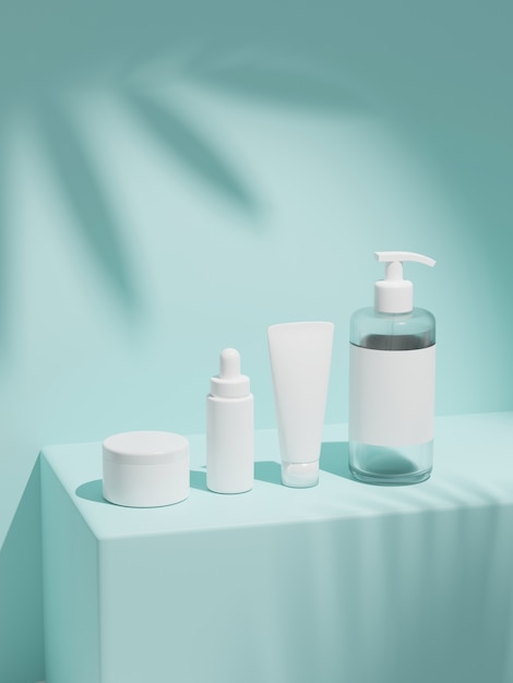 3d rendering mock up cosmetic bundle for skin care, put on the wall under the sun.