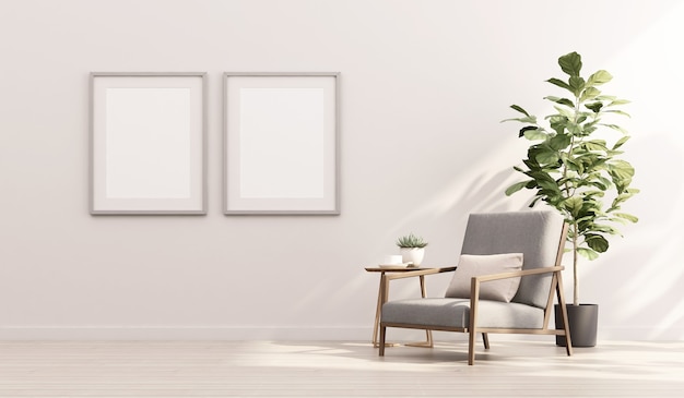 3d rendering of mock up Interior design for living room with picture frame on white wall