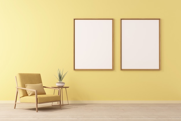 3d rendering of mock up Interior design for living room with picture frame on yellow wall