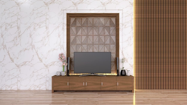 3d rendering mockup of living room with tv set and combination of wood and marble wall design