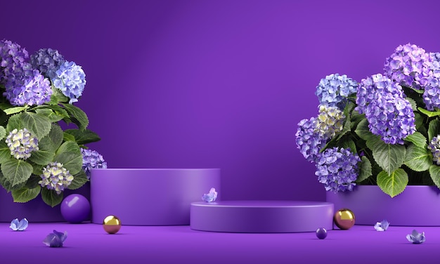 3D Rendering Mockup Purple Podium, Bouquet Flora Background