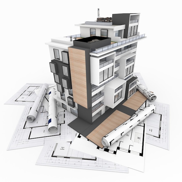 3D rendering of a modern appartment building with garden and blueprints on the background