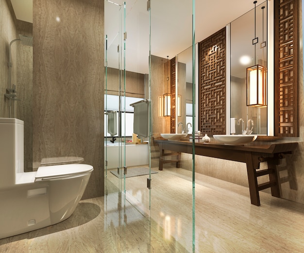 3d rendering modern bathroom with luxury tile and chinese wall decor 