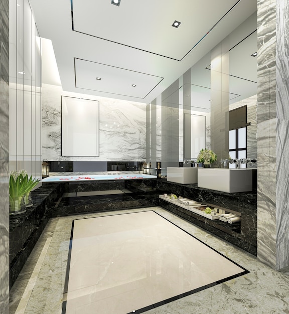 3d rendering modern bathroom with luxury tile decor 