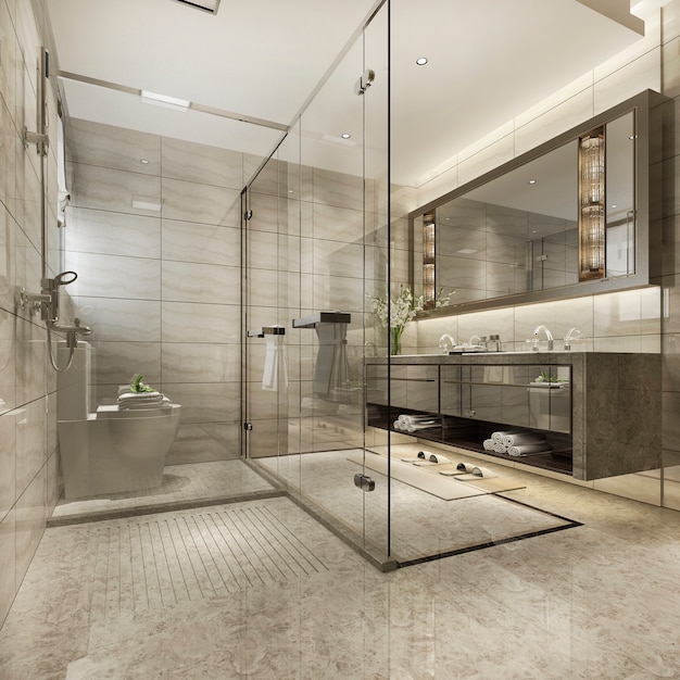 3d rendering modern bathroom with luxury tile decor 