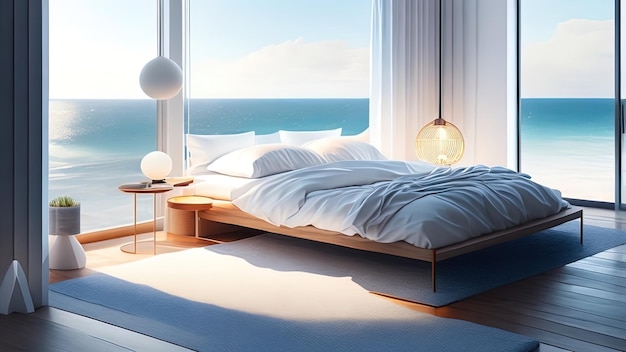 3d rendering of a modern bedroom with sea view and wooden floor