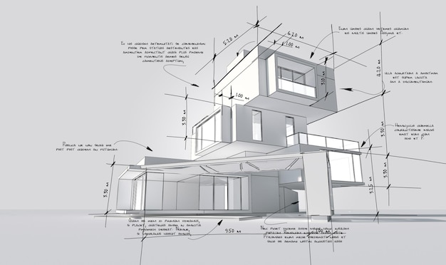 3D rendering of a modern building with construction specifications in dummy text for design purposes