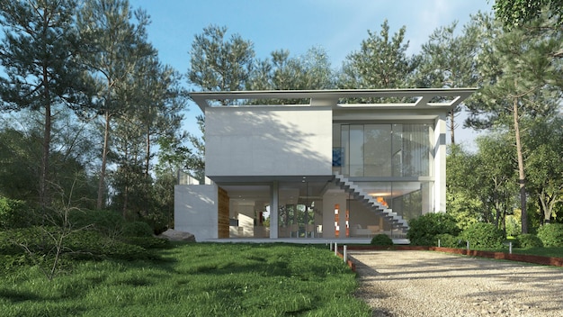 3D rendering of a modern building with huge windows, external view