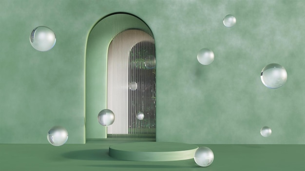 3D rendering of modern catwalk with green natural concept, glass balls or bubbles and arched tunnel.