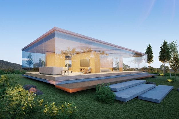 3d rendering of modern concrete house with large glass window