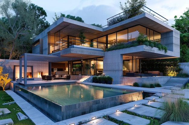 3D Rendering of Modern Concrete House with Pool and Garden in Evening