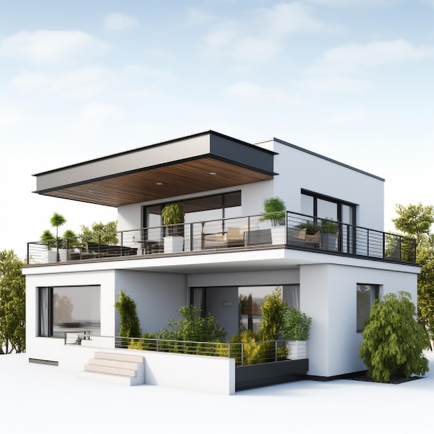 3d rendering of modern cozy house with garage and pool for sale or rent