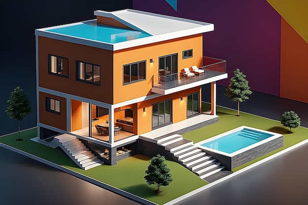 3d rendering of modern cozy house with pool and parking