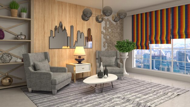 3D rendering of a modern and cozy living room