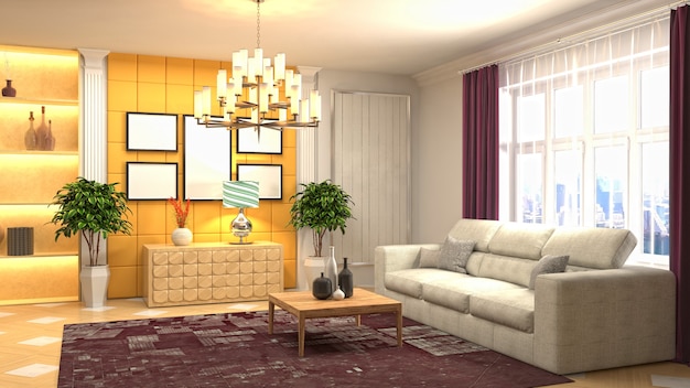 3D rendering of a modern and cozy living room