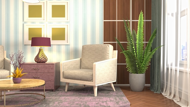 3D rendering of a modern and cozy living room