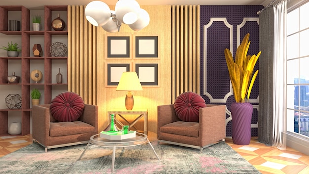 3D rendering of a modern and cozy living room