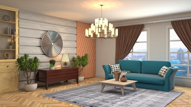 3D rendering of a modern and cozy living room