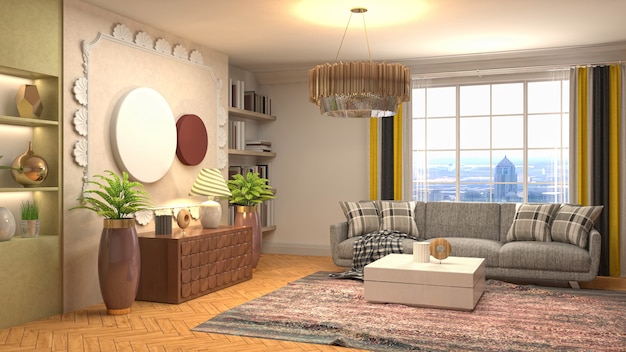 3D rendering of a modern and cozy living room