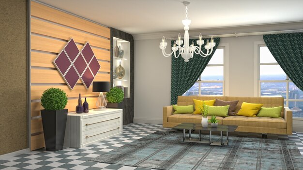 3D rendering of a modern and cozy living room