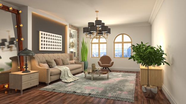 3D rendering of a modern and cozy living room