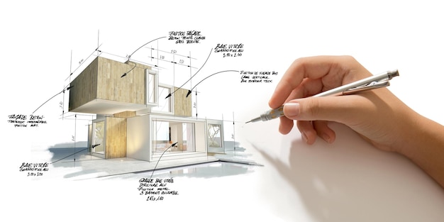 3D rendering of a modern cubic house with a hand writing notes, measurements and indications