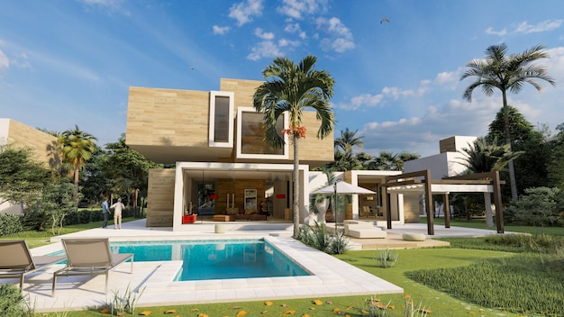 3D rendering of a modern cubic house in wood and concrete with pool and garden