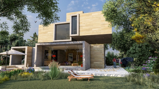 3D rendering of a modern cubic house in wood and concrete with pool and garden