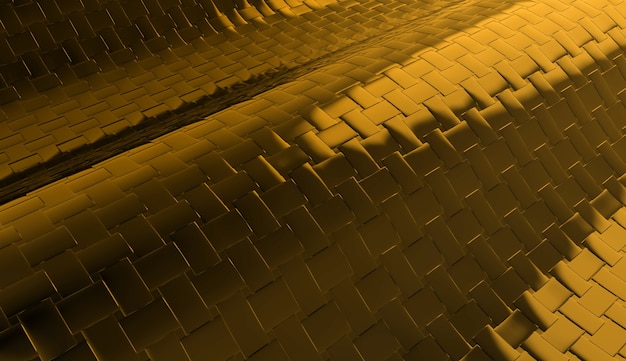 3d rendering. modern dark yellow gold metal square tiles cruve background.