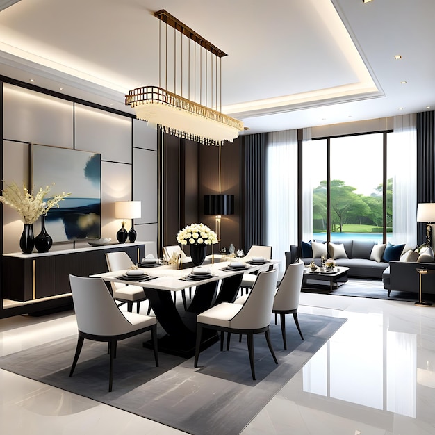 3d rendering modern dining room and living room with luxury decor