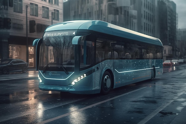 3D rendering of a modern electric bus in the city at night generative ai